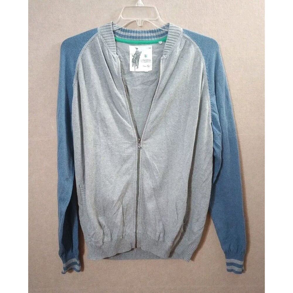 Linksoul Men's Cashmere Blend Jacket XL Gray Blue Golf Sweater Full Zip Stretch